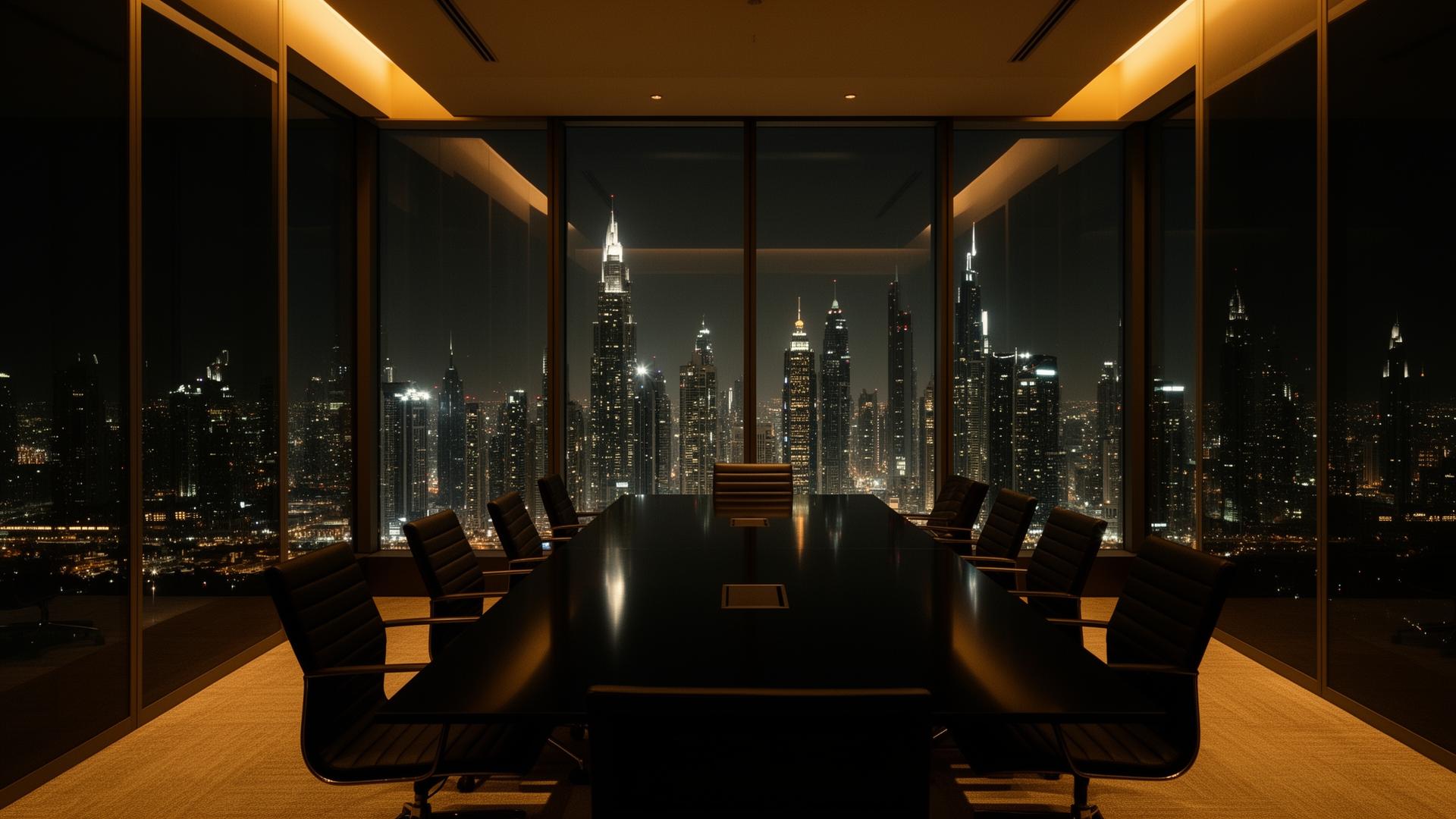 Corporate boardroom overlooking Dubai skyline